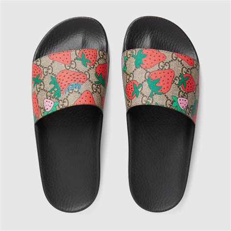 gucci strawberry slides|Gucci floral slides outfit.